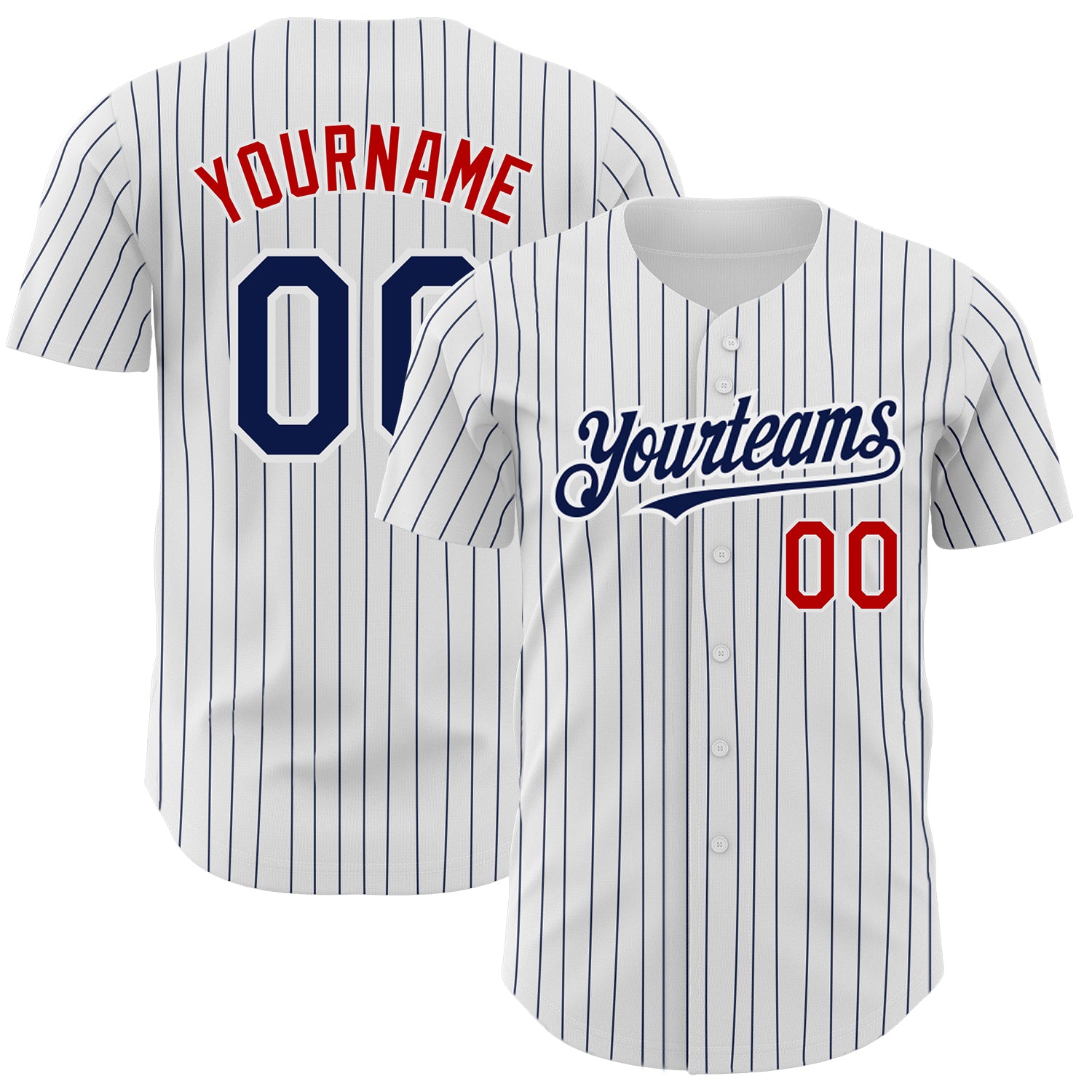 Personalized Authentic Baseball Jersey - White Navy Pinstripe Red Design Personalized White Navy Pinstripe Red Authentic