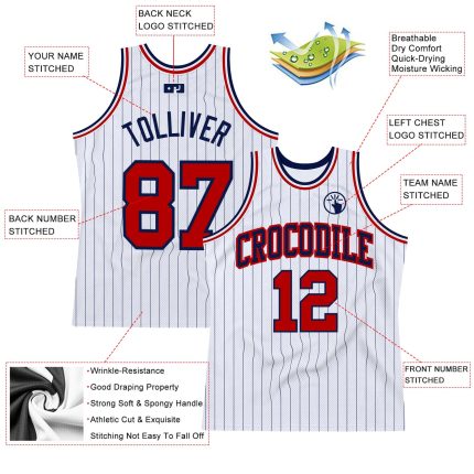 Custom Name Number Basketball Jersey Personalized White Navy Pinstripe Authentic Personalized White Navy Pinstripe Red Authentic
