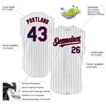 Personalized Authentic Sleeveless Baseball Jersey - White Navy Pinstripe Red Personalized White Navy Pinstripe Red Authentic