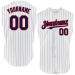 Personalized Authentic Sleeveless Baseball Jersey - White Navy Pinstripe Red Personalized White Navy Pinstripe Red Authentic