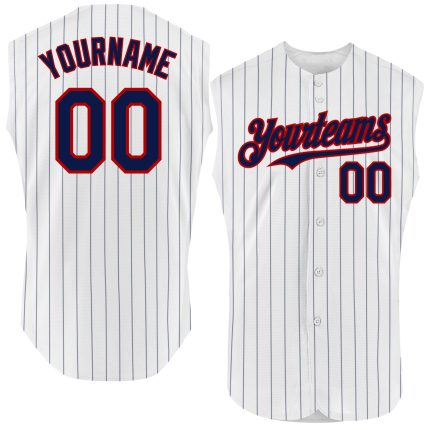 Personalized Authentic Sleeveless Baseball Jersey - White Navy Pinstripe Red Personalized White Navy Pinstripe Red Authentic