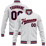 Custom Personalized Varsity Jacket with Team Name and Number - White Navy Pinstripe Red Full-Snap Bomber Personalized White
