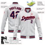 Custom Personalized Varsity Jacket with Team Name and Number - White Navy Pinstripe Red Full-Snap Bomber Personalized White