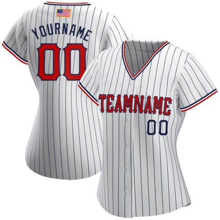 Personalized American Flag Baseball Jersey with Custom Name and Number, White Navy Pinstripe, Red-Navy Fashion Team Apparel
