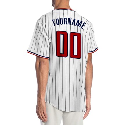 Personalized Red Navy Authentic Baseball Jersey - White Navy Pinstripe Design Personalized White Navy Pinstripe Red-Navy