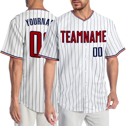 Personalized Red Navy Authentic Baseball Jersey - White Navy Pinstripe Design Personalized White Navy Pinstripe Red-Navy