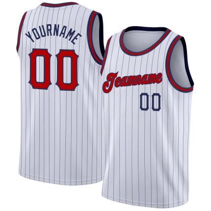Custom Personalized Red-Navy Basketball Jersey with Name & Number - White Navy Pinstripe Design Personalized White Navy Pinstripe