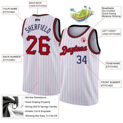 Custom Personalized Red-Navy Basketball Jersey with Name & Number - White Navy Pinstripe Design Personalized White Navy Pinstripe