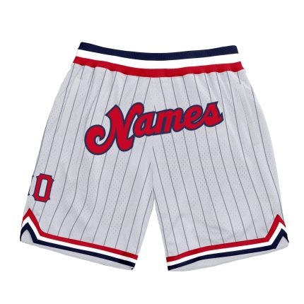 Custom Name and Number Personalized Basketball Shorts - Authentic White Navy Pinstripe Red-Navy Design Personalized White