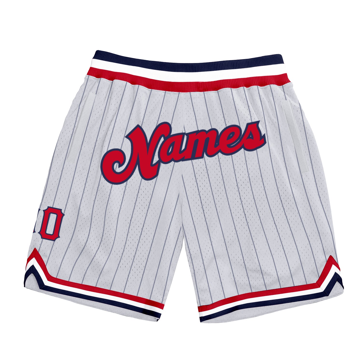 Custom Name and Number Personalized Basketball Shorts - Authentic White Navy Pinstripe Red-Navy Design Personalized White
