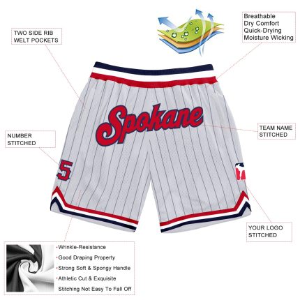 Custom Name and Number Personalized Basketball Shorts - Authentic White Navy Pinstripe Red-Navy Design Personalized White