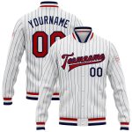 Custom Name Number Bomber Jacket Red Navy Pinstripe Full-Snap Varsity Letterman Personalized Team Apparel Personalized White