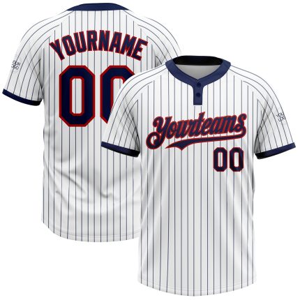 Personalized Unisex Softball Jersey - White Navy Pinstripe Red Two-Button Design Personalized White Navy Pinstripe Red Two-Button