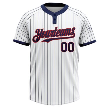Personalized Unisex Softball Jersey - White Navy Pinstripe Red Two-Button Design Personalized White Navy Pinstripe Red Two-Button