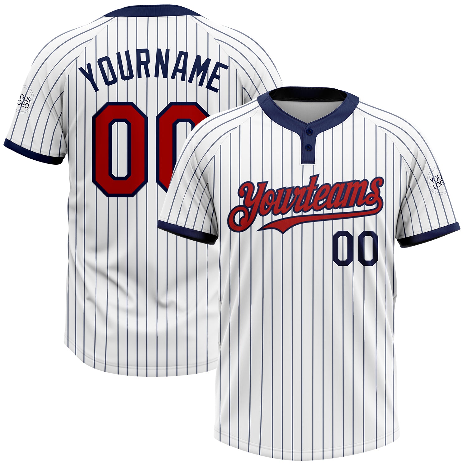 Custom Unisex Softball Jersey - Personalized Two-Button Red White Navy Pinstripe with Name & Number Personalized White Navy