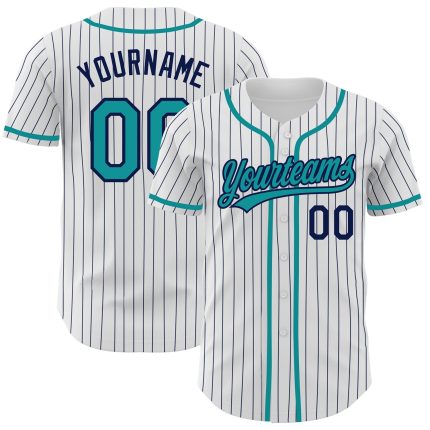 Custom Name and Number Baseball Jersey - Personalized Navy White Teal Pinstripe Authentic Jersey Personalized White Navy