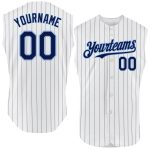 Custom Name and Number Teal Authentic Sleeveless Baseball Jersey - Personalized White Navy Pinstripe Design Personalized