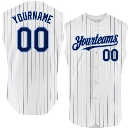 Custom Name and Number Teal Authentic Sleeveless Baseball Jersey - Personalized White Navy Pinstripe Design Personalized