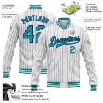 Custom Team Name Number Bomber Jacket Personalized White Navy Pinstripe Teal Full-Snap Varsity Letterman Jacket Personalized