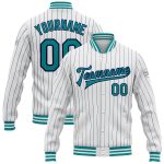 Custom Team Name Number Bomber Jacket Personalized White Navy Pinstripe Teal Full-Snap Varsity Letterman Jacket Personalized