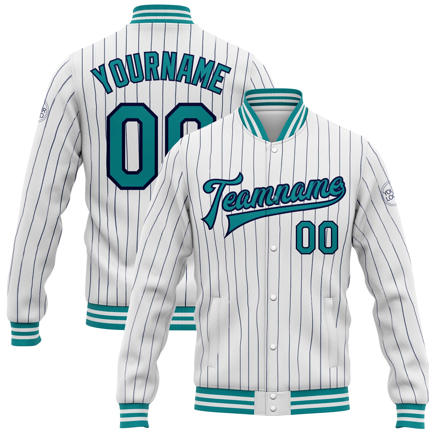 Custom Team Name Number Bomber Jacket Personalized White Navy Pinstripe Teal Full-Snap Varsity Letterman Jacket Personalized
