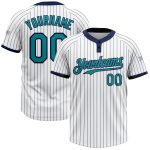 Custom Name and Number Softball Jersey - Personalized Two-Button Unisex White Navy Teal Pinstripe Personalized White Navy