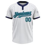 Custom Name and Number Softball Jersey - Personalized Two-Button Unisex White Navy Teal Pinstripe Personalized White Navy
