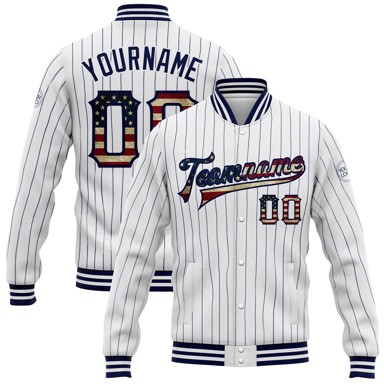 Custom USA Flag Bomber Jacket Personalized with Name & Number, Vintage White Navy Pinstripe Varsity Full-Snap Letterman Jacket