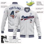 Custom USA Flag Bomber Jacket Personalized with Name & Number, Vintage White Navy Pinstripe Varsity Full-Snap Letterman Jacket