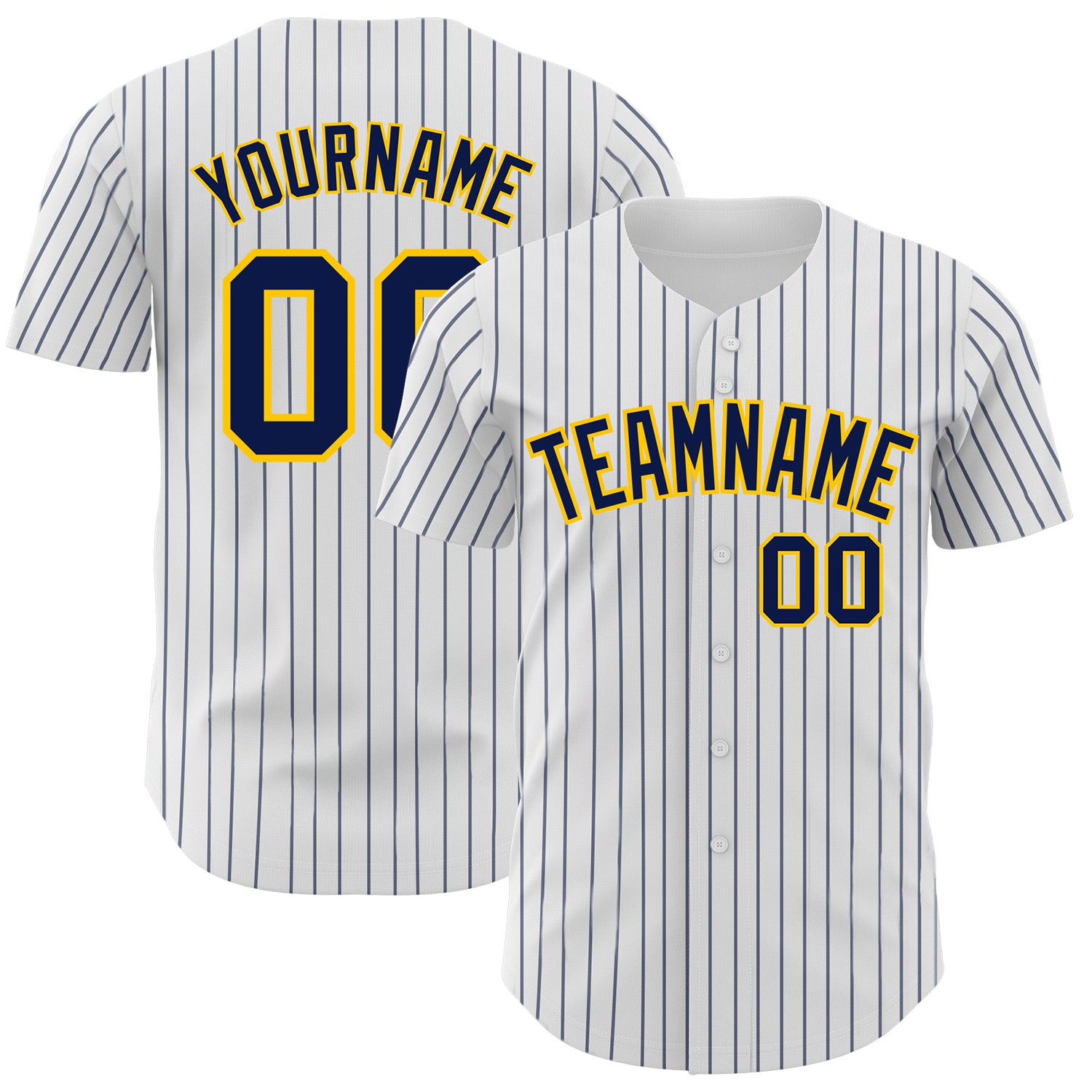 Custom Personalized Baseball Jersey with Authentic Pinstripe Design - White Navy Yellow Team Name & Number Personalized White
