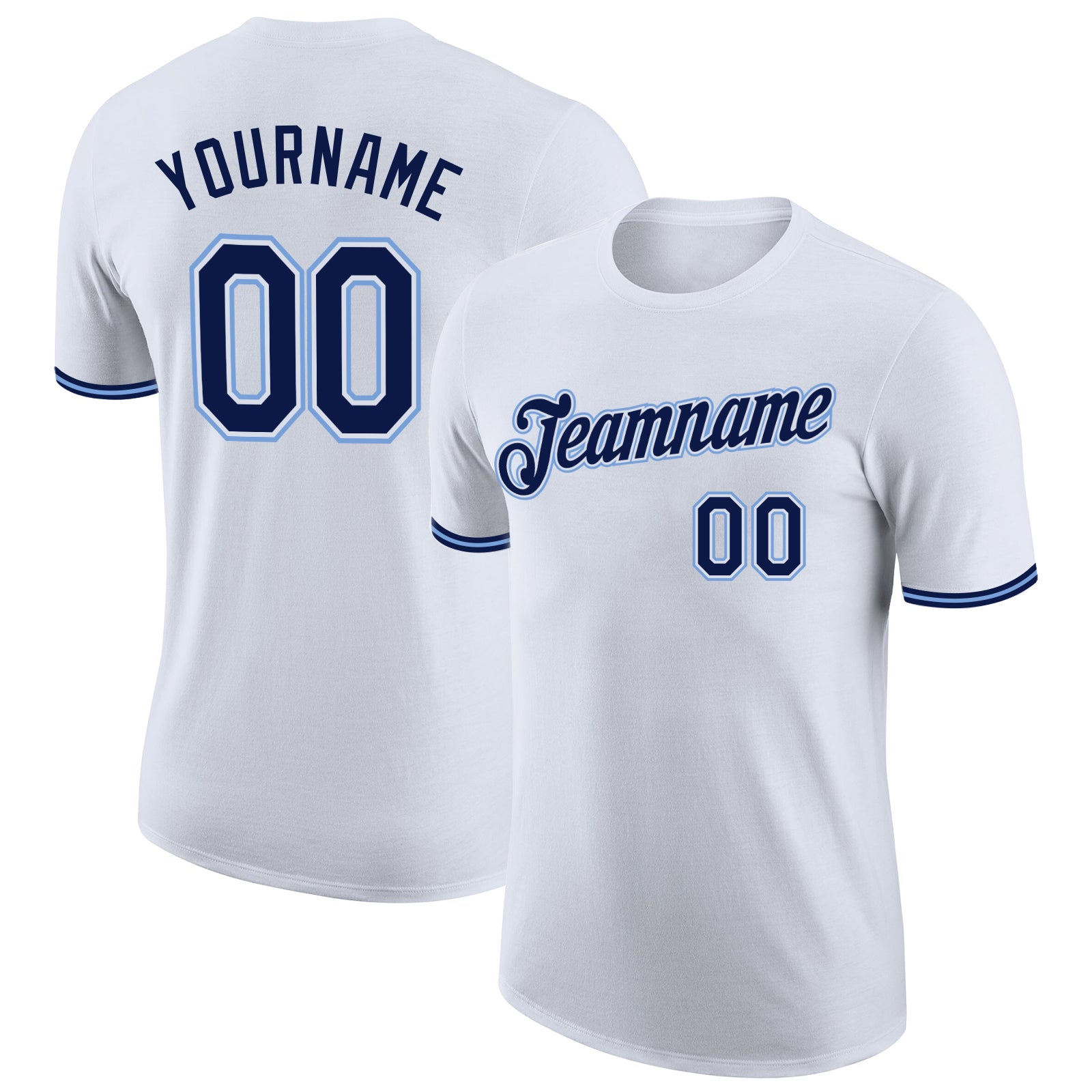 Custom Team Performance T-Shirt with Personalized Name & Number - White Navy-Powder Blue Personalized White Navy-Powder Blue