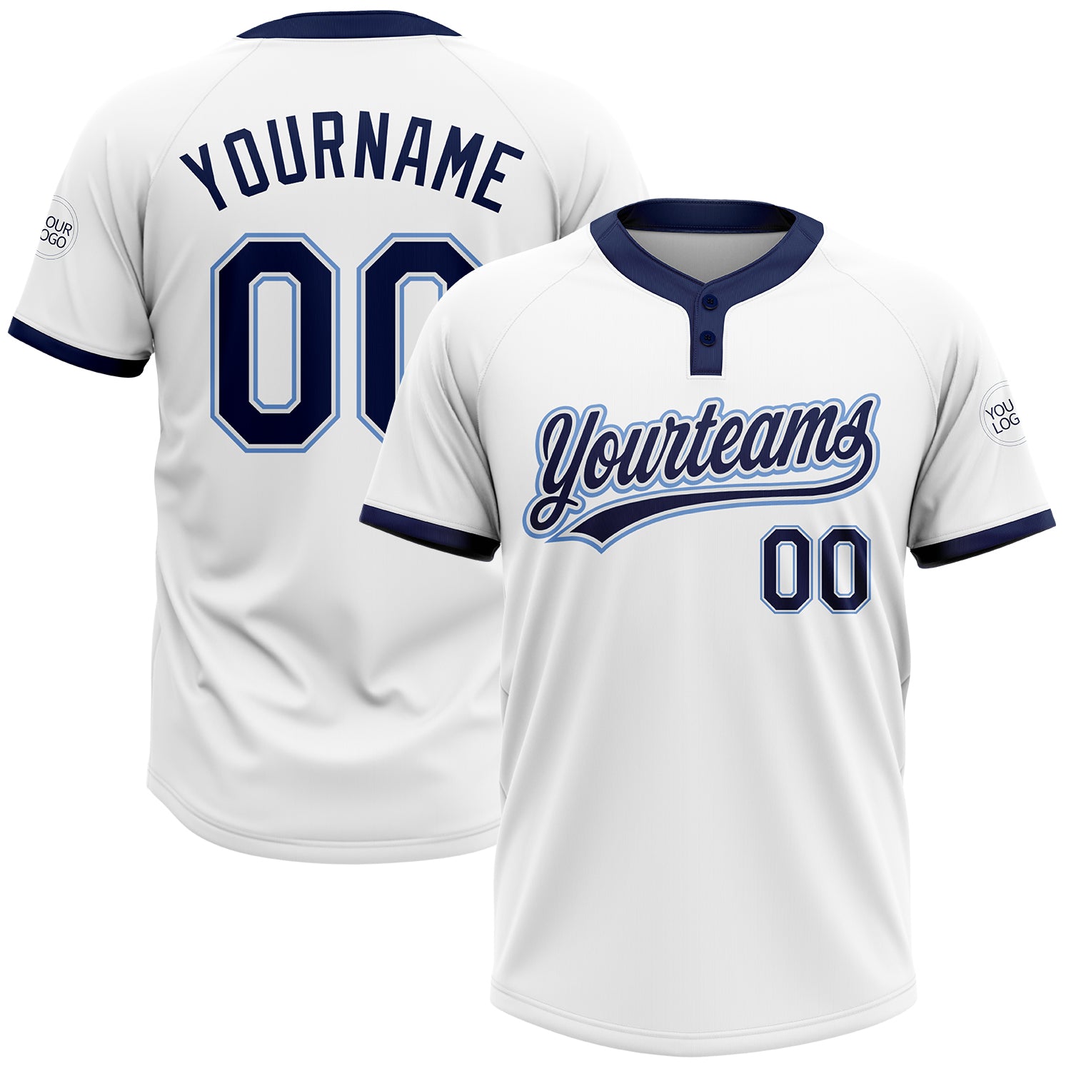 Custom Softball Jersey Unisex Personalized Name Number White Navy Powder Blue Two-Button Design Personalized White Navy-Powder