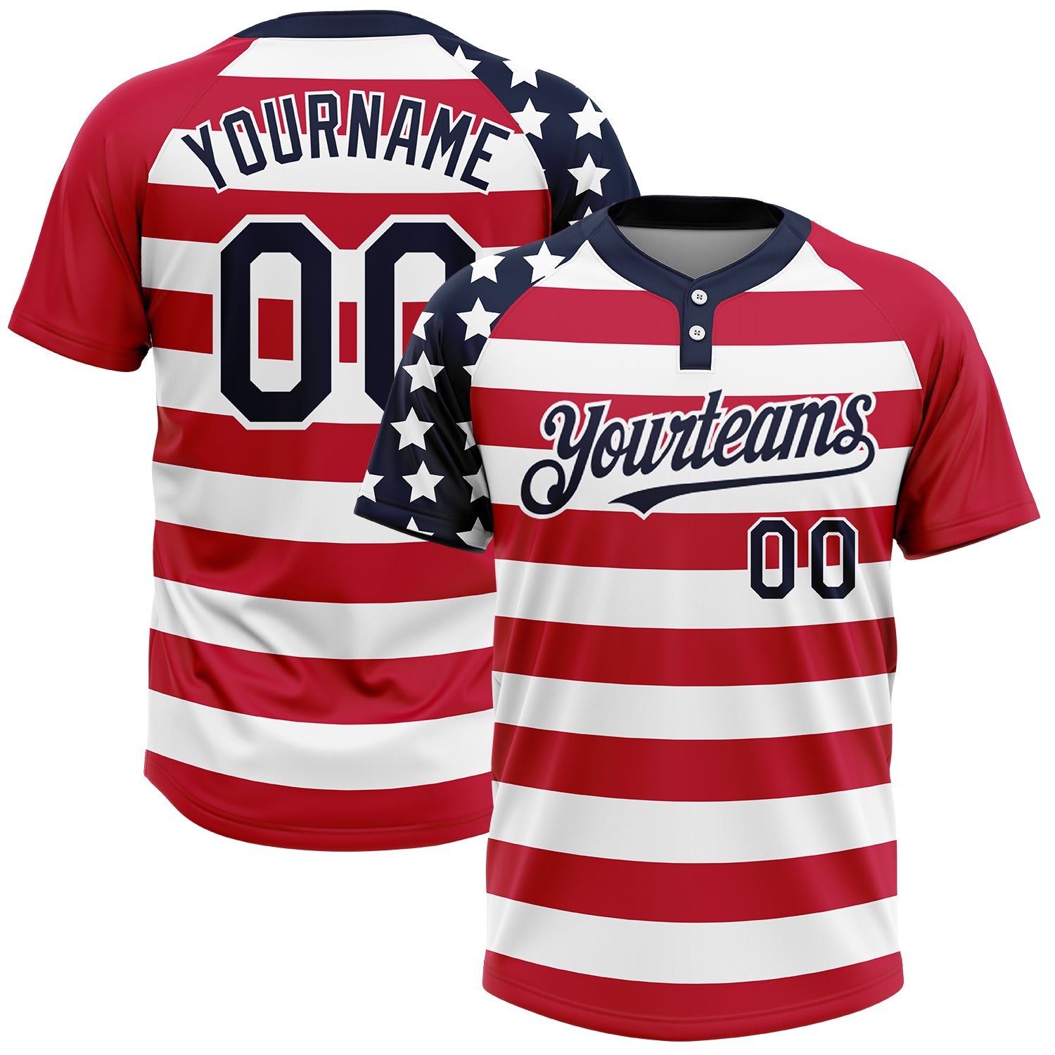 Personalized 3D American Flag Softball Jersey for Unisex | White Navy-Red Two-Button Design Personalized White Navy-Red 3D