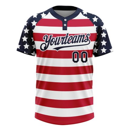 Custom Name and Number Unisex Softball Jersey - 3D American Flag in White Navy-Red - Fashion Two-Button Design Personalized