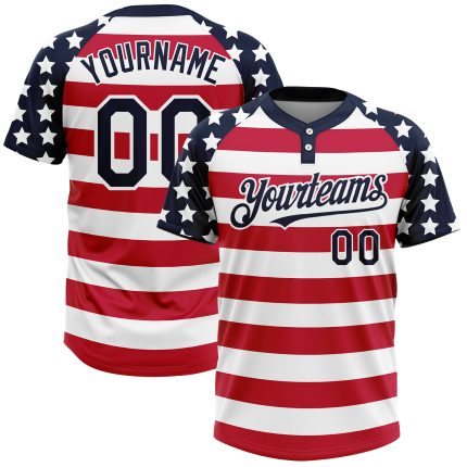 Custom Name and Number Unisex Softball Jersey - 3D American Flag in White Navy-Red - Fashion Two-Button Design Personalized