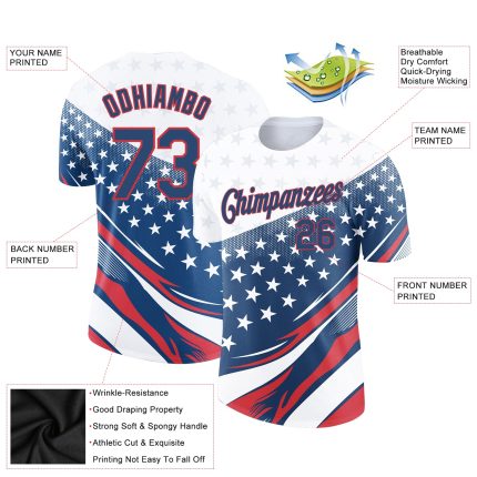 Custom Name Number 3D American Flag T-Shirt, Patriotic White Navy Red Performance Tee for Team Events Personalized White