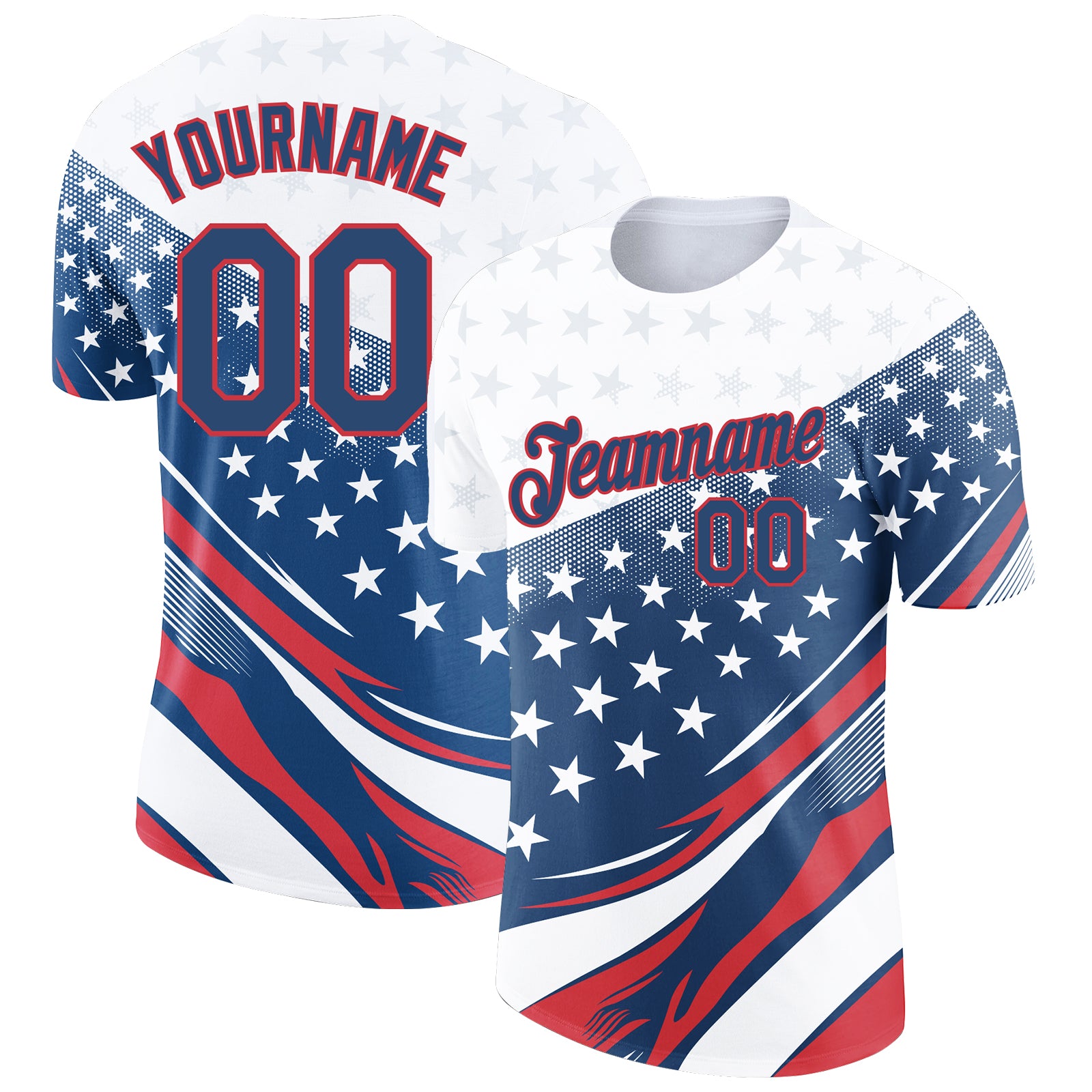 Custom Name Number 3D American Flag T-Shirt, Patriotic White Navy Red Performance Tee for Team Events Personalized White