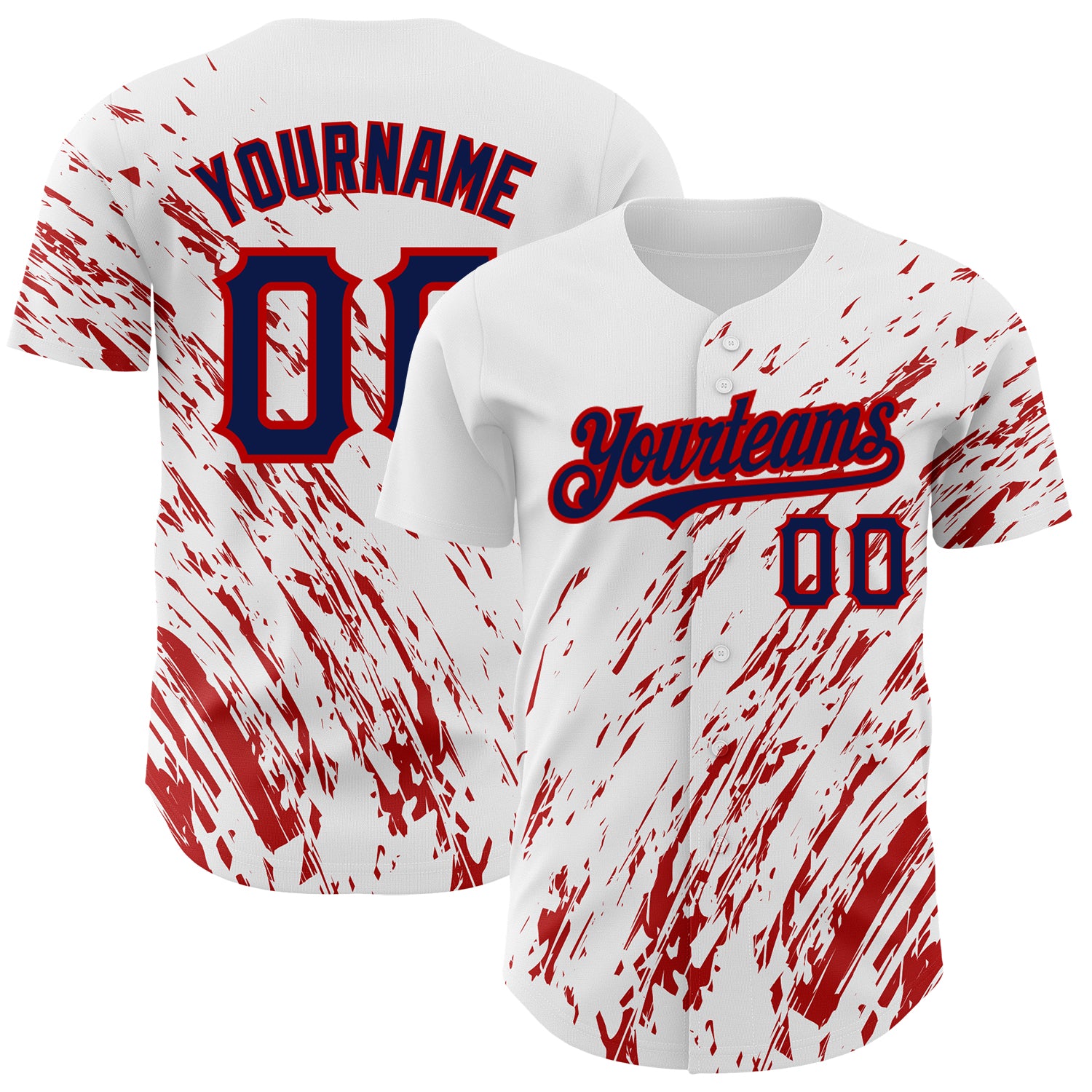 Custom Abstract Splash Design Baseball Jersey - Personalized White Navy-Red 3D Pattern with Name and Number Personalized