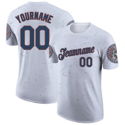 Custom Name and Number Performance T-Shirt with 3D Skull and American Flag in White Navy-Red Personalized White Navy-Red