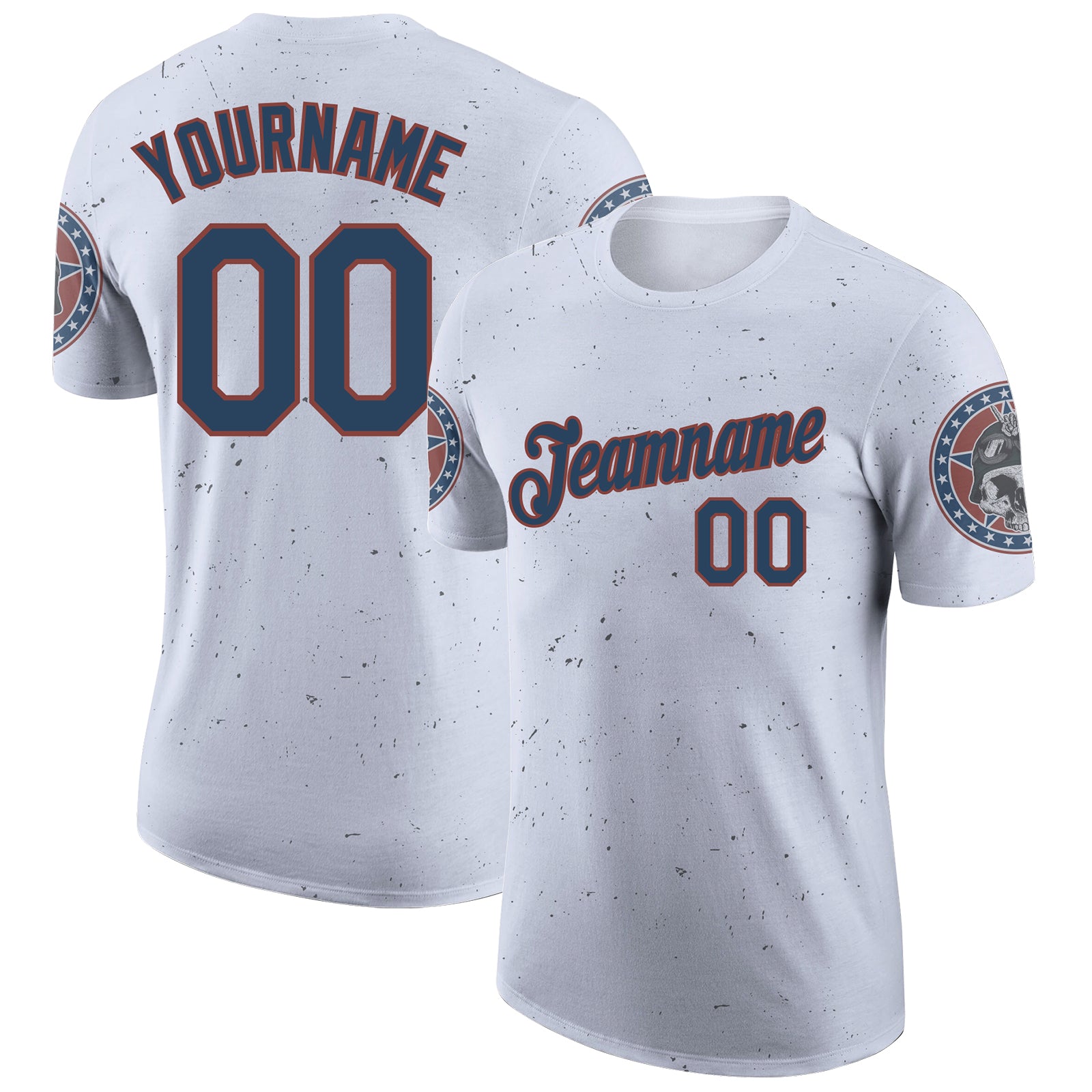 Custom Name and Number Performance T-Shirt with 3D Skull and American Flag in White Navy-Red Personalized White Navy-Red