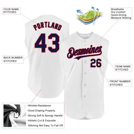 Personalized Authentic Sleeveless Baseball Jersey in White Navy-Red - Custom Sports Apparel Personalized White Navy-Red Authentic