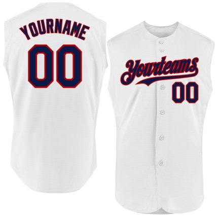 Personalized Authentic Sleeveless Baseball Jersey in White Navy-Red - Custom Sports Apparel Personalized White Navy-Red Authentic
