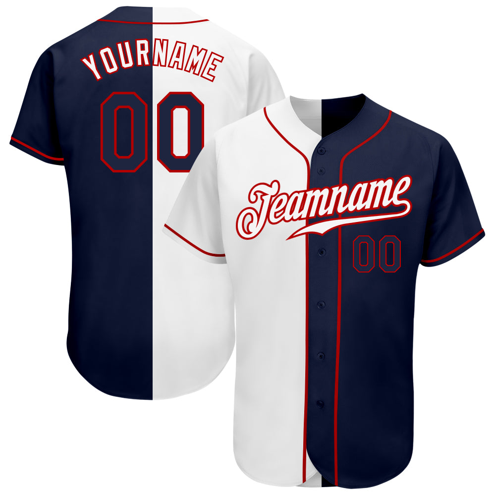 Custom Name and Number Personalized Baseball Jersey - Authentic White Navy-Red Split Fashion Team Gear Personalized White