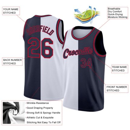Custom Team Name and Number Basketball Jersey - Personalized Authentic Split Design in White Navy-Red Personalized White