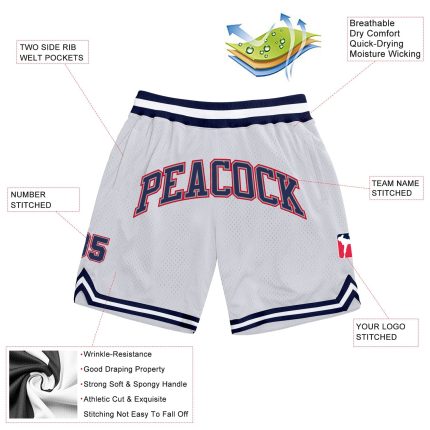 Custom Name and Number Authentic Basketball Shorts - Personalized White Navy-Red Throwback Style Personalized White Navy-Red