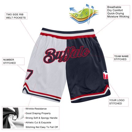 Customizable Basketball Shorts with Team Name and Number - White Navy-Red Authentic Throwback Split Fashion Personalized