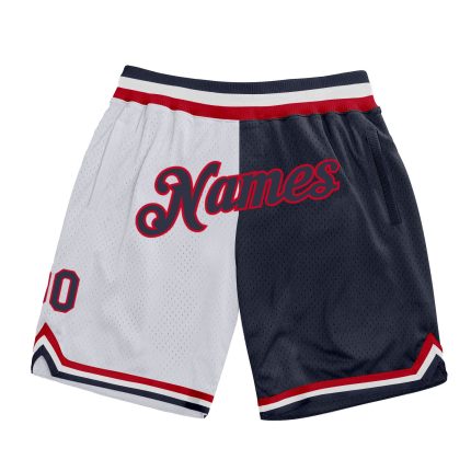Customizable Basketball Shorts with Team Name and Number - White Navy-Red Authentic Throwback Split Fashion Personalized