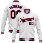 Custom Name and Number Personalized Varsity Letterman Jacket - White Navy-Red Bomber Full-Snap Style Personalized White Navy-Red