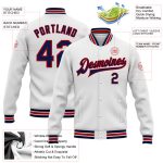 Custom Name and Number Personalized Varsity Letterman Jacket - White Navy-Red Bomber Full-Snap Style Personalized White Navy-Red