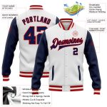 Personalized Two Tone Varsity Jacket in White Navy-Red Bomber Style Full-Snap Personalized White Navy-Red Bomber Full-Snap